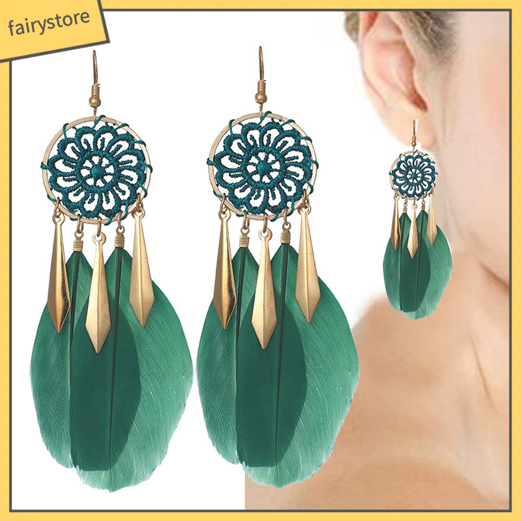 1 Đôi Bông Tai Hình Dreamcatcher Đính Lông Vũ Tua Rua Phong Cách Bohemian Dành Cho Nữ