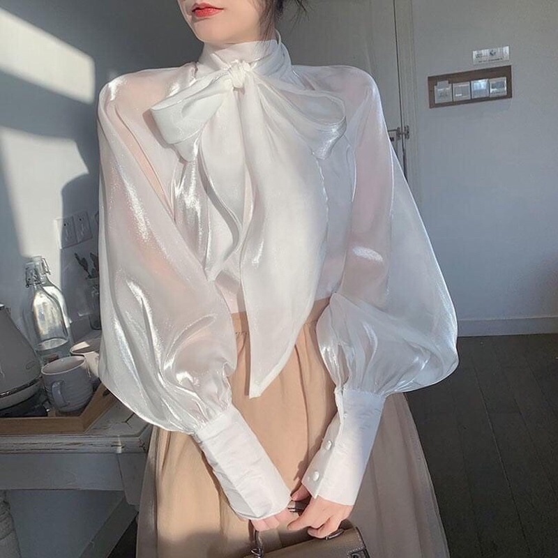 Áo Tơ Lụa Óng Dáng Babydoll Xoè Tiểu Thư, Tay Bo Cúc Bọc, Thiết Kế Nơ Buộc Điệu Đà Quyến Rũ Thanh Lịch