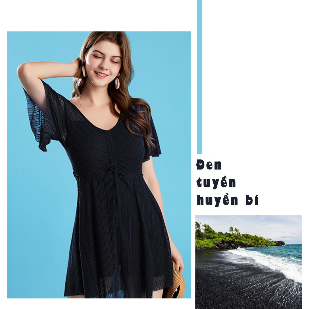 Áo tắm liền váy nữ cổ chữ V chun ngực tay loe giấu bụng MH2021+2027 | BigBuy360 - bigbuy360.vn