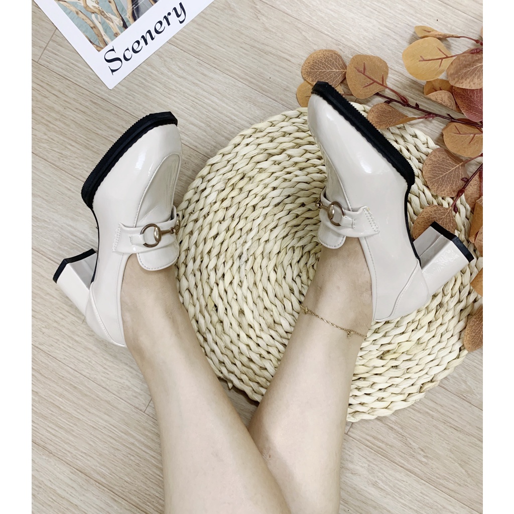 XẢ KHO (S99) Giầy cao gót nữ công sở, da bóng, gót 6 phân xích ngang (mã 7283)