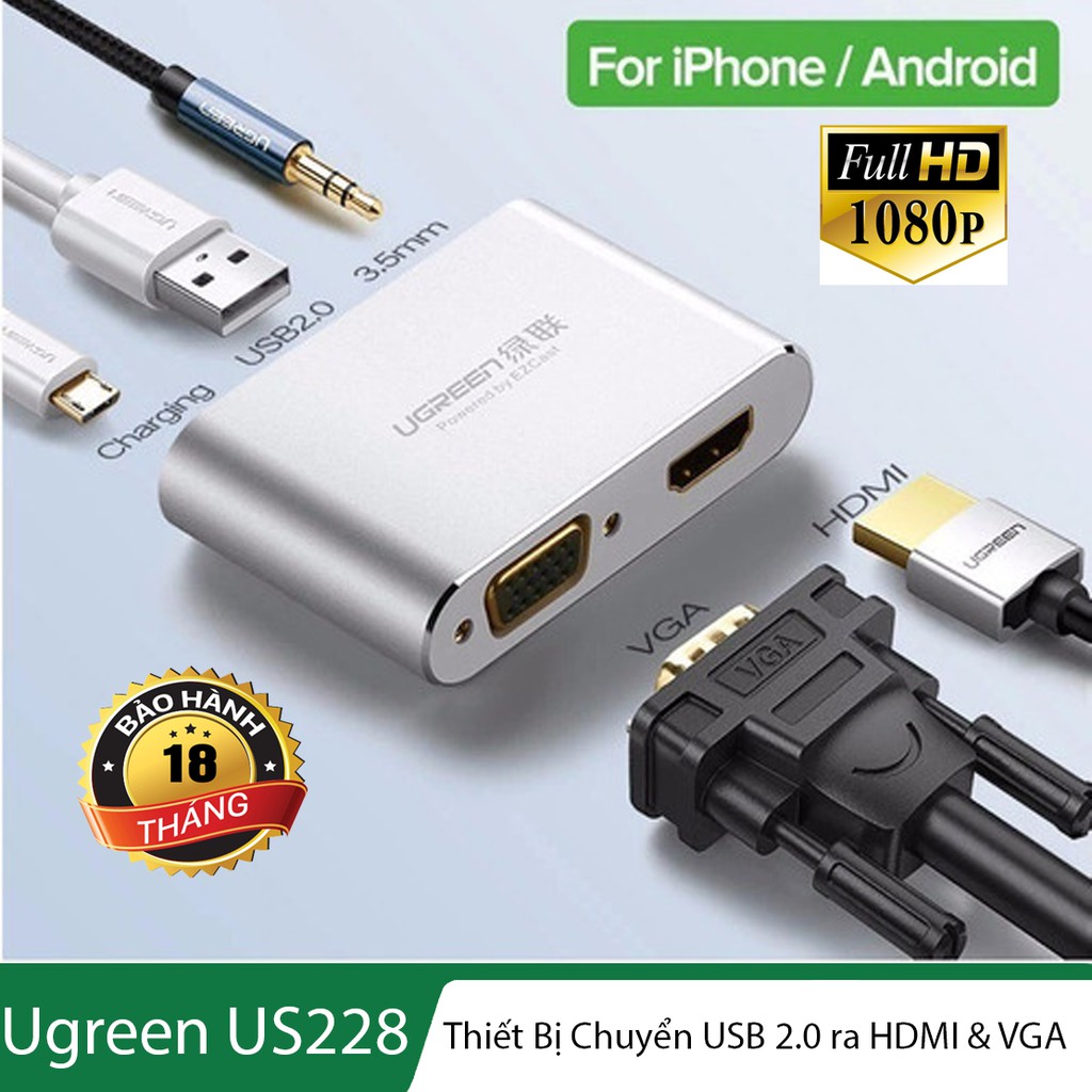 Thiết bị chuyển cổng USB 2.0 ra cổng HDMI & VGA - UGREEN US228