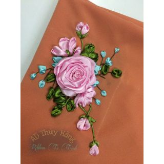 Vải áo dài thêu ruy băng màu cam đất
