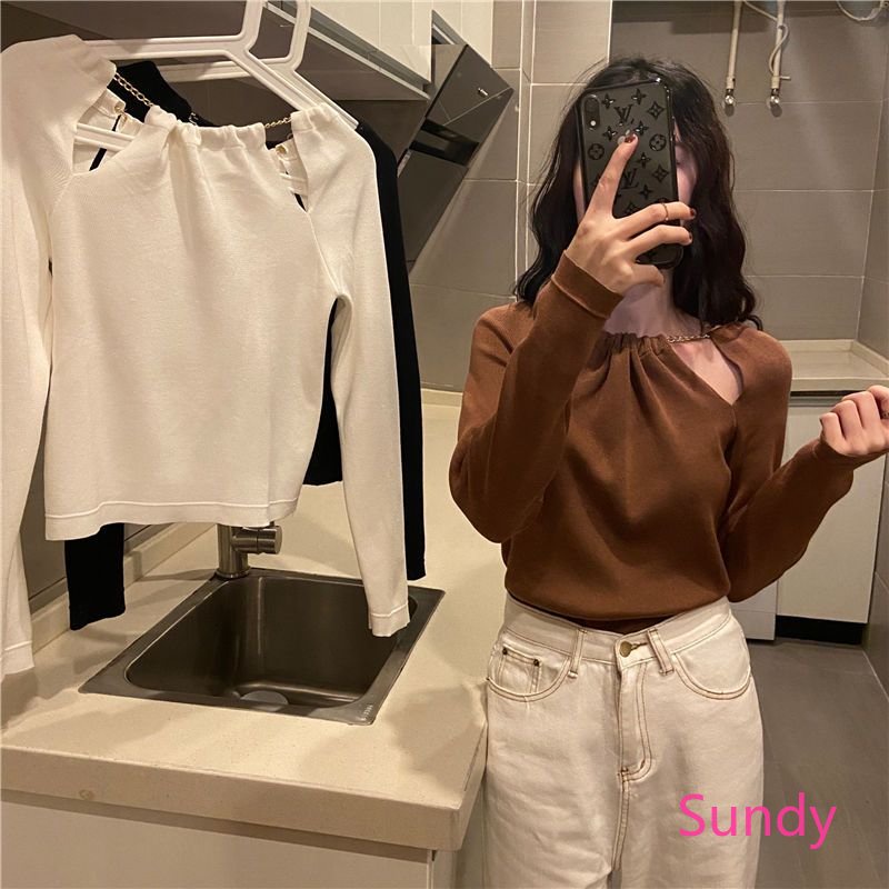 Áo Kiểu Tay Dài Phối Dây Xích Phong Cách Thời Trang Mùa Thu Hàn Quốc Cho Nữ