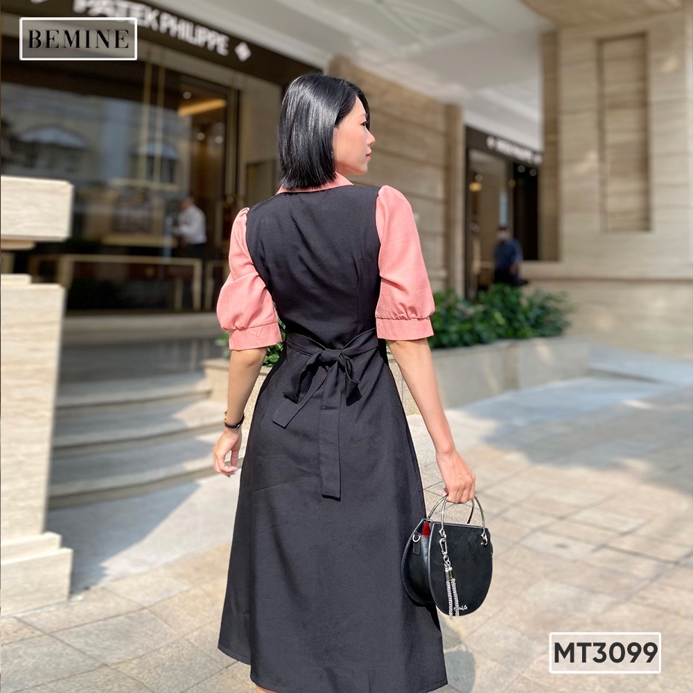 Đầm phối tay cổ sơ mi nơ BEMINE MT3099ĐEN