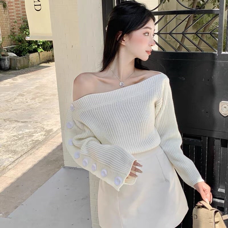 Set áo trắng len lệch vai tay phối nút kèm chân váy,set váy mùa đông,set đồ nữ đi chơi siêu xinh