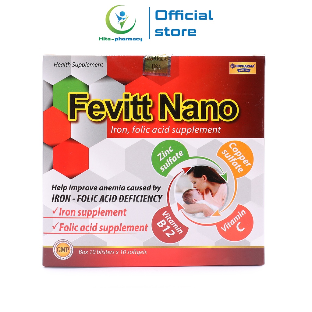 Fevitt Nano HDPHARMA bổ máu, bổ sung Sắt hữu cơ, Acid Folic - 100 viên [Fevitt Nano 3 mắt 100 viên]