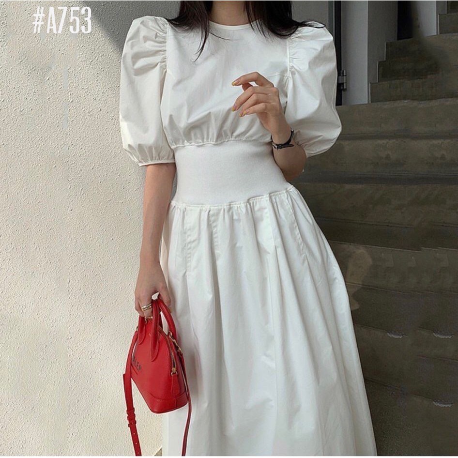 Đầm Trắng Tay Phồng Vintage Nhún Eo