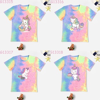 Unicorn girls tie dye top catoon cổ tròn tie dye tay ngắn in hình dễ thương dây buộc mềm nhuộm áo thun