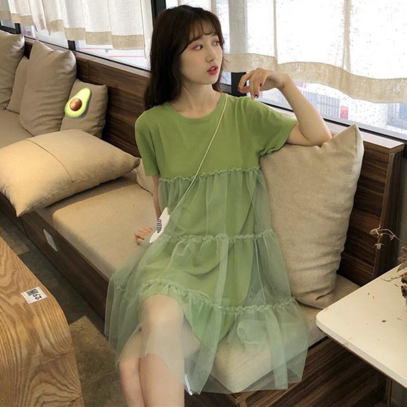 Đầm tay ngắn cổ tròn phối lưới thanh lịch