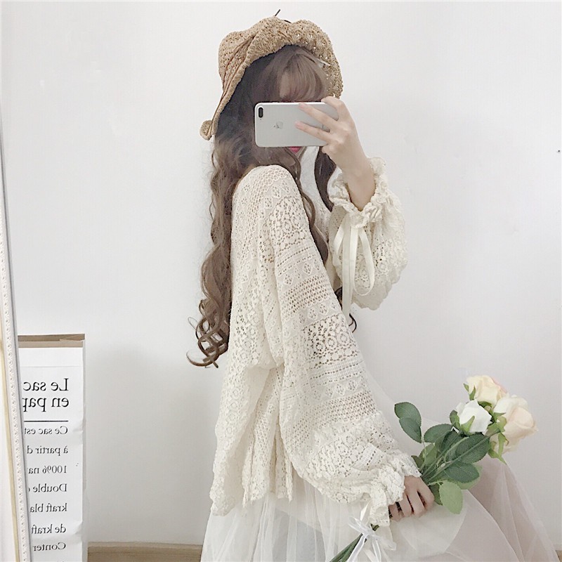 [HÀNG SẴN] Áo khoác ulzzang 4 màu ren mỏng tay nơ bèo - u.w | BigBuy360 - bigbuy360.vn
