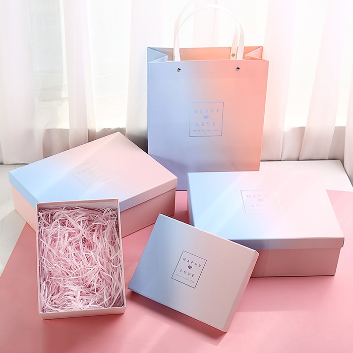 Hộp đựng quà cứng hình chữ nhật kèm giấy rơm, túi quà phối màu xanh hồng | BigBuy360 - bigbuy360.vn