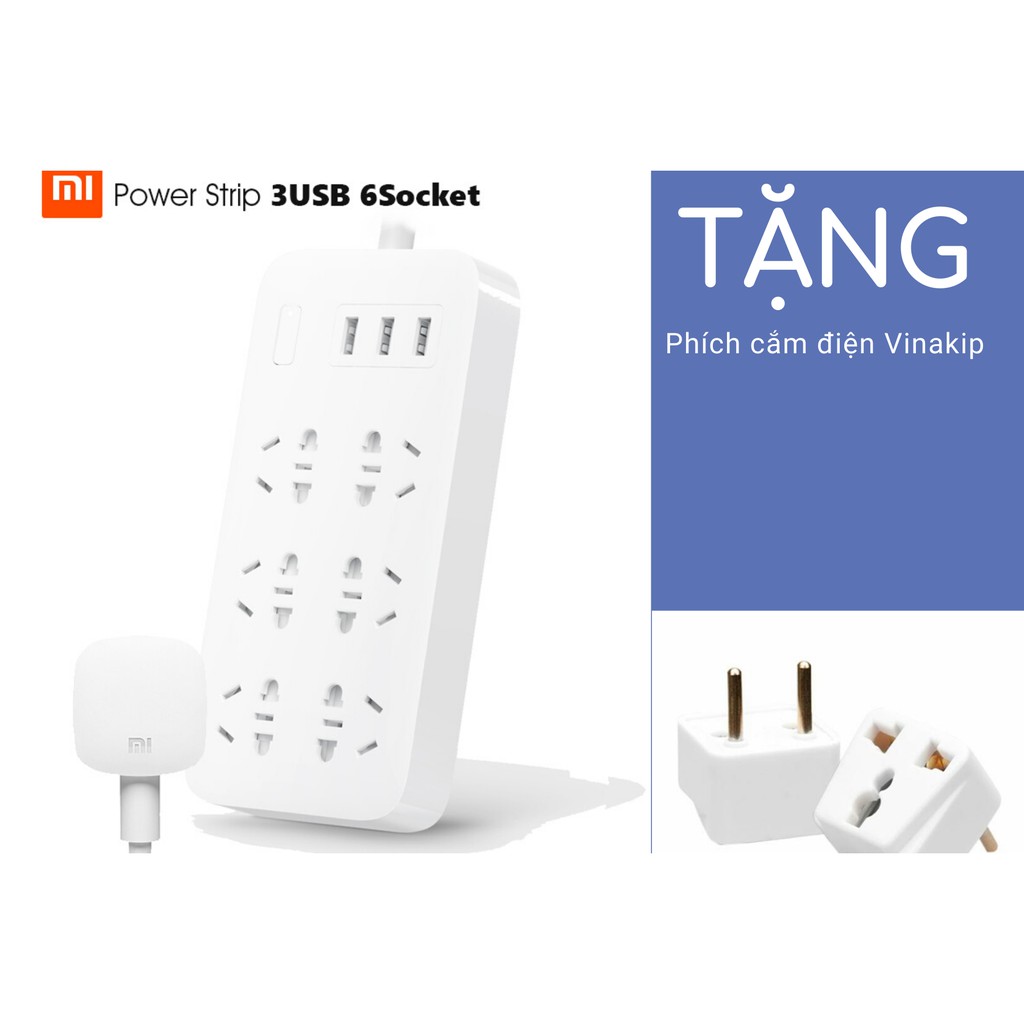 Ổ cắm điện Xiaomi PowerStrip 6 cổng và 3 cổng USB sạc CXB6-1QM (Tặng kèm phích cắm 3 chấu sang 2 chấu)