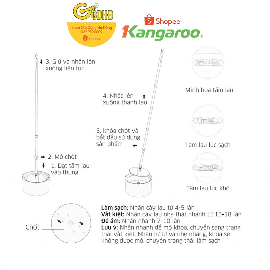 KG26M - Cây lau nhà đa năng xoay 360 độ, Chổi lau nhà Kangaroo KG26M chậu tròn nhựa ABC siêu bền, cây lau rút ngắn