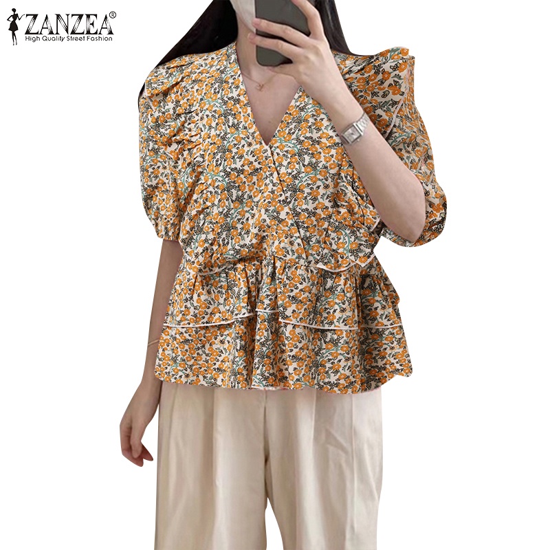 Áo kiểu ZANZEA tay phồng cổ chữ V in họa tiết thời trang cho nữ