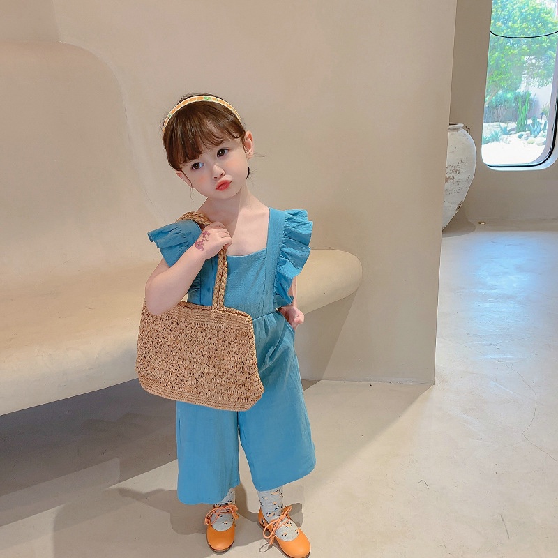 Bộ Áo Liền Quần Sát Nách Viền Ren Màu Trơn Bằng Vải Cotton Cho Bé Gái 2-7 Tuổi