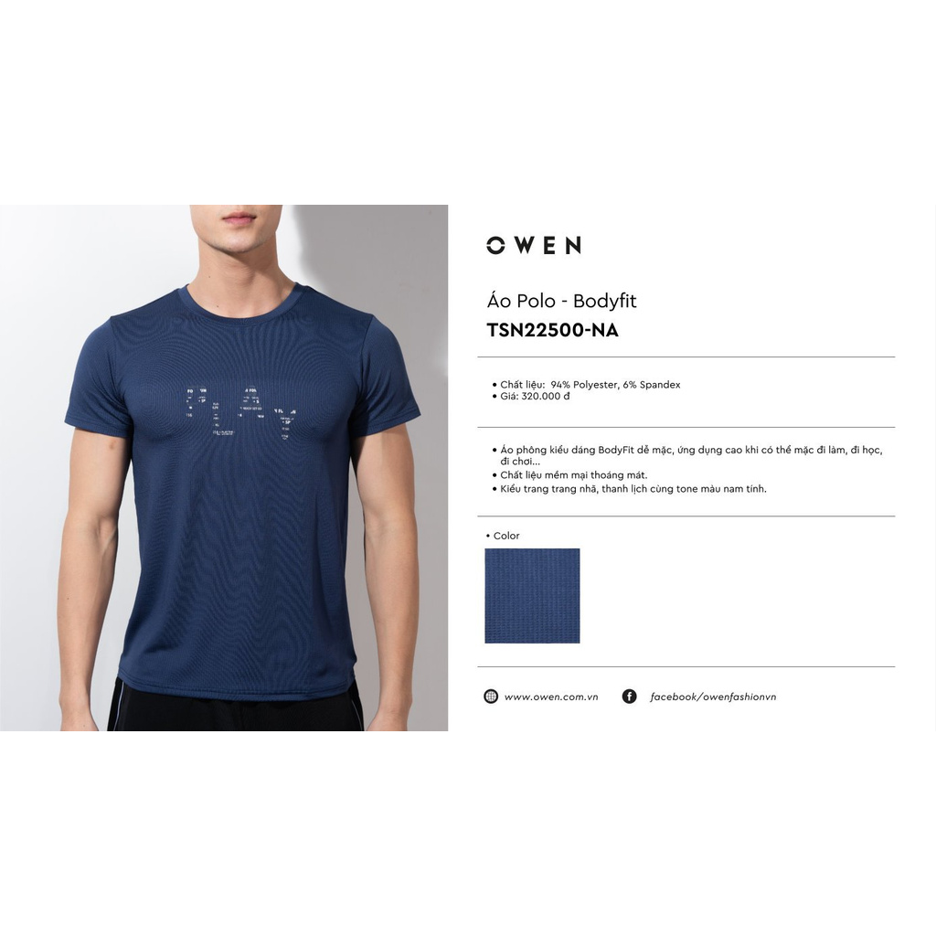 Áo Thun Nam Ngắn Tay Cổ Tròn Owen TSN22500 Áo Phông T-Shirt Màu Xanh In Chữ Trắng Vải Polyester Thể Thao Dáng Body Fit