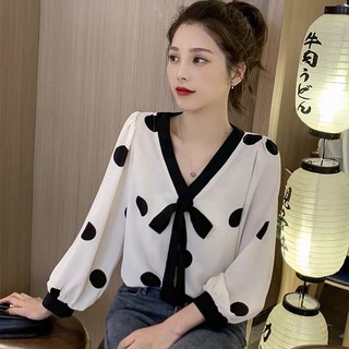 Áo sơ mi cổ chữ v thắt dây họa tiết chấm bi phong cách hàn quốc plus size