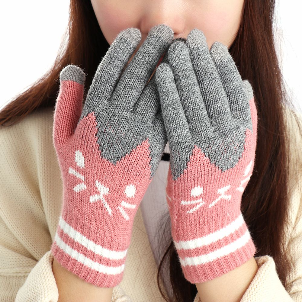 Đôi găng tay vải len dệt kim MIHAN1 giữ ấm họa tiết cô mèo dễ thương chạm được màn hình cảm ứng