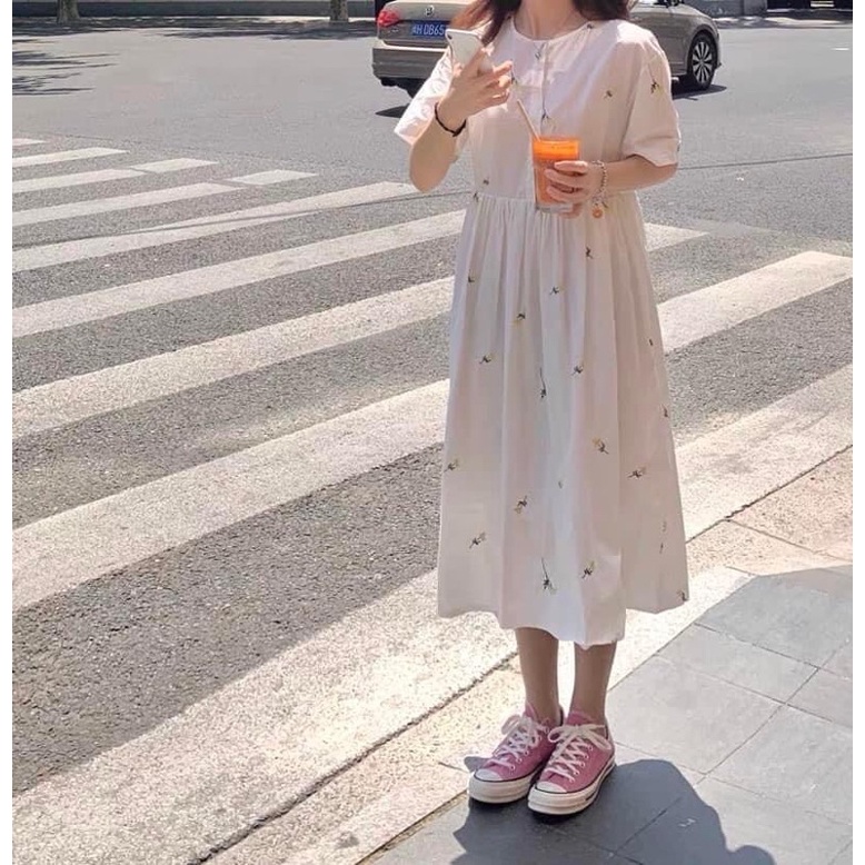 VÁY BABYDOLL HOA TAY NGẮN Nữ [ FREESHIP] 🌸 Đầm Tay Ngắn Dáng Dài Form Rộng Thêu Họa Tiết Hoa 🌸 | BigBuy360 - bigbuy360.vn