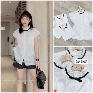 Áo sơ mi trắng cổ bèo buộc nơ phối túi🥰thiết kế😘