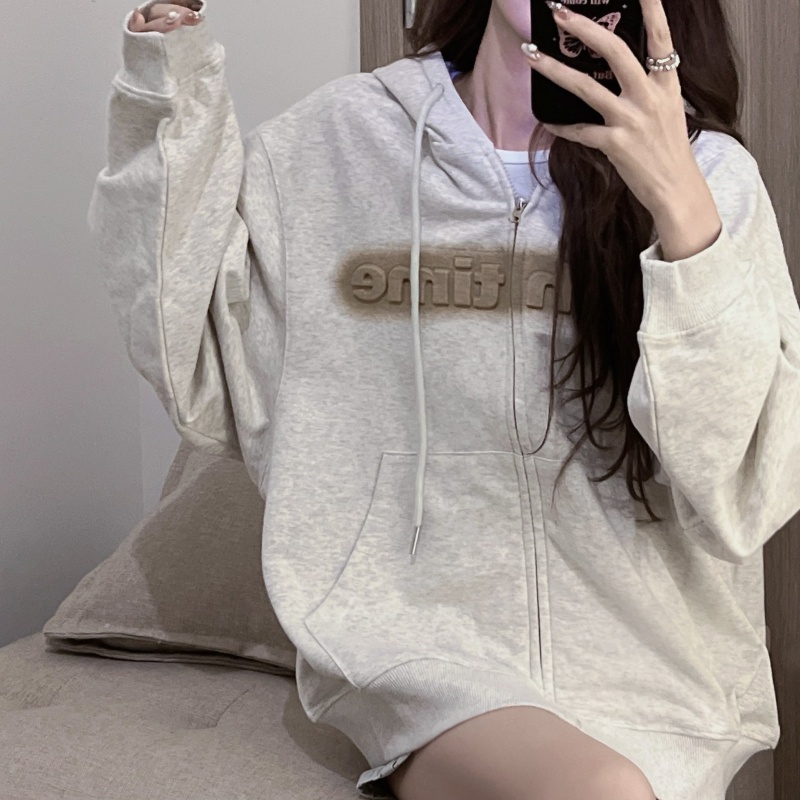 ZHELIHANGFEI Áo Khoác Cardigan Có Nón Tay Dài Dáng Rộng In Chữ Phong Cách Preppy