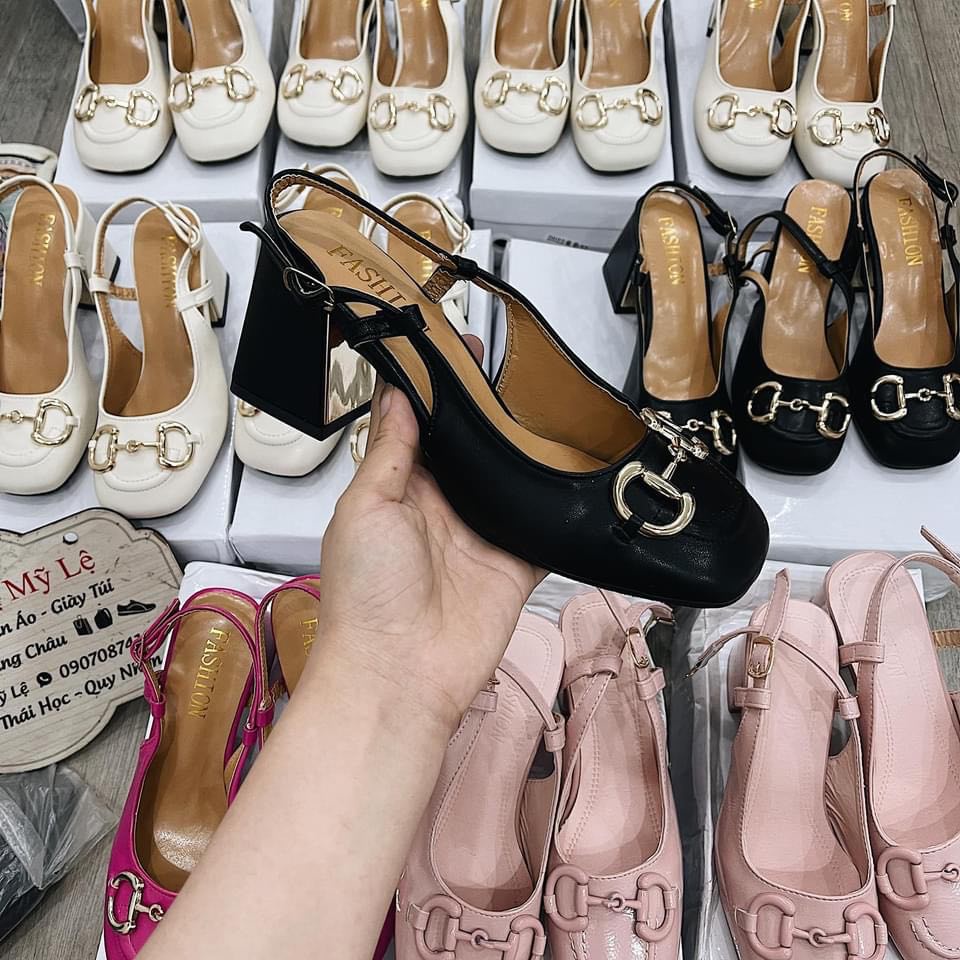 Sandal 𝙂𝙪𝙘𝙘𝙞 cao gót 7cm Xích gót vuông - mũi vuông