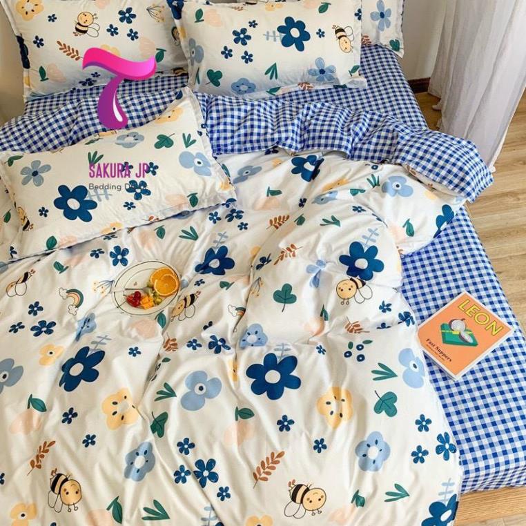 HÀNG MỚI- Bộ Chăn Ga Gối Đệm Poly Coton Đũi Hàn Quốc Vườn Hoa BLue -BST Chăn Ga Gối Poly