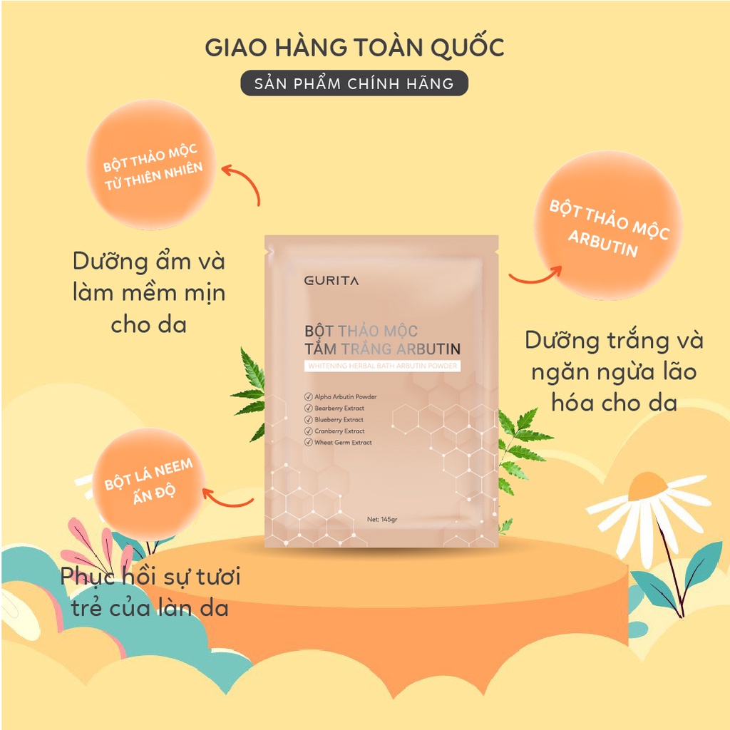 Bột Thảo Mộc Tắm Trắng Arbutin Gurita, Bột Ủ Trắng Da, Tắm Trắng Cấp Tốc - túi 145g