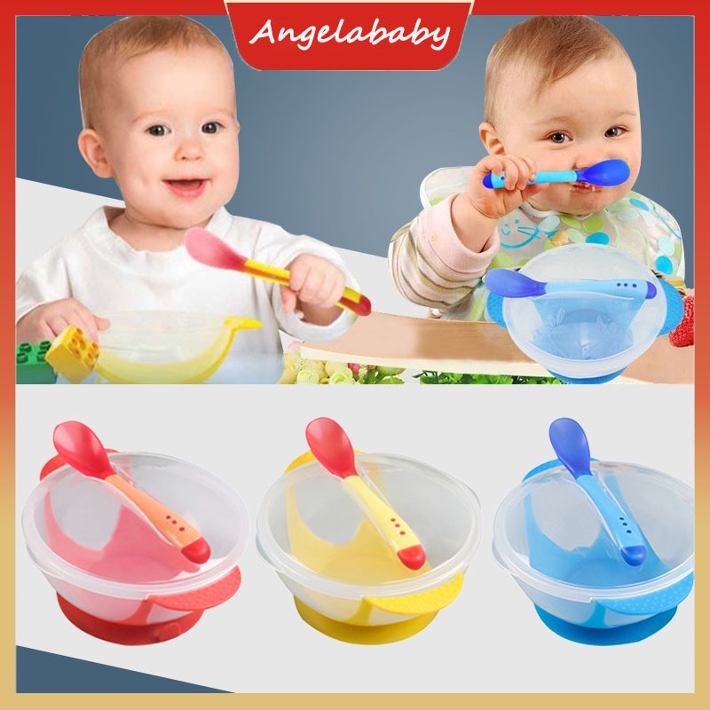 Tô Đựng Thức Ăn Cho Bé Kèm Nắp Đậy Và Muỗng Cảm Biến Nhiệt Không Chứa BPA