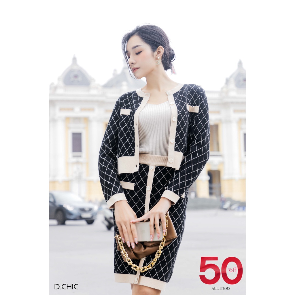 D.CHIC 188070 Áo khoác len họa tiết quả trám phối viền