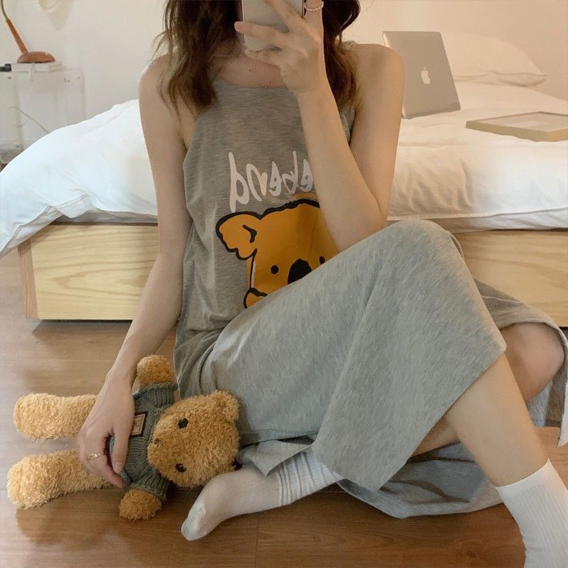 Đầm Ngủ Hai Dây Dáng Rộng Vải Cotton Mỏng In Hoạt Hình Thời Trang Mùa Hè 2023 Cho Bạn Gái