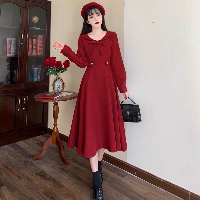 Sẵn váy maxi đỏ cổ nơ dây thắt eo dáng xoè Lolita. Đầm công chúa