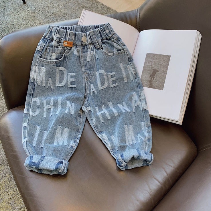 Quần jean dài dáng rộng in họa tiết toàn diện thời trang xuân thu dành cho bé trai 2021