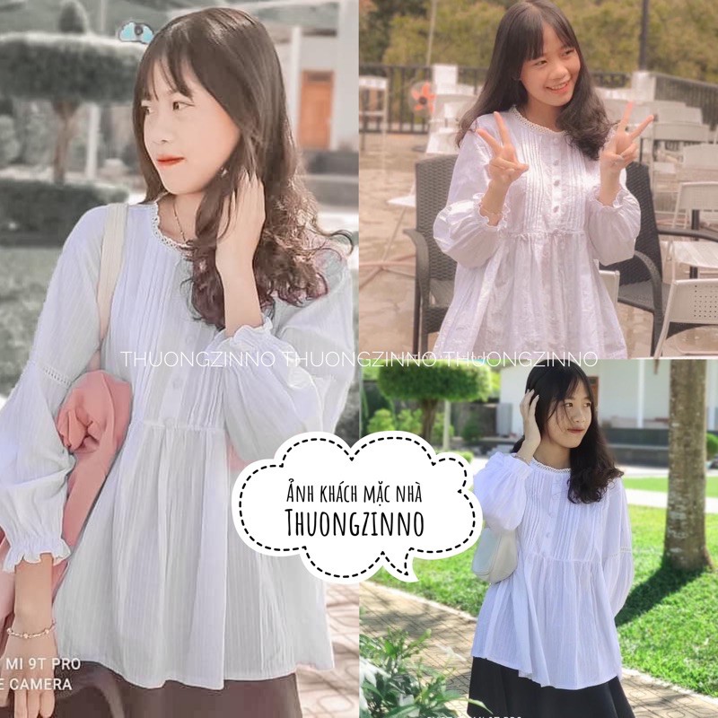 Áo babydoll cúc bọc tiểu thư Áo sơ mi nữ cổ ren tay bèo phong cách ulzzang