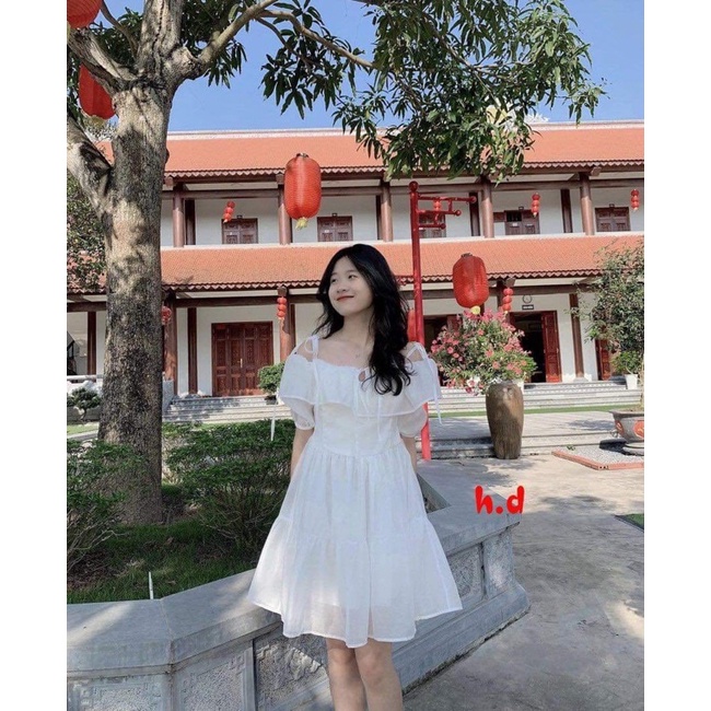 Váy bánh bèo nơ buộc vai cổ v HD6