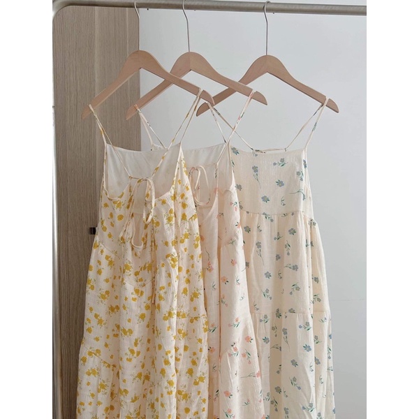 [Ảnh thật/Video]Váy hai dây hoa vàng yellow  hoạ tiết hoa lá Đầm hai dây lụa buộc vai  hoa vintage