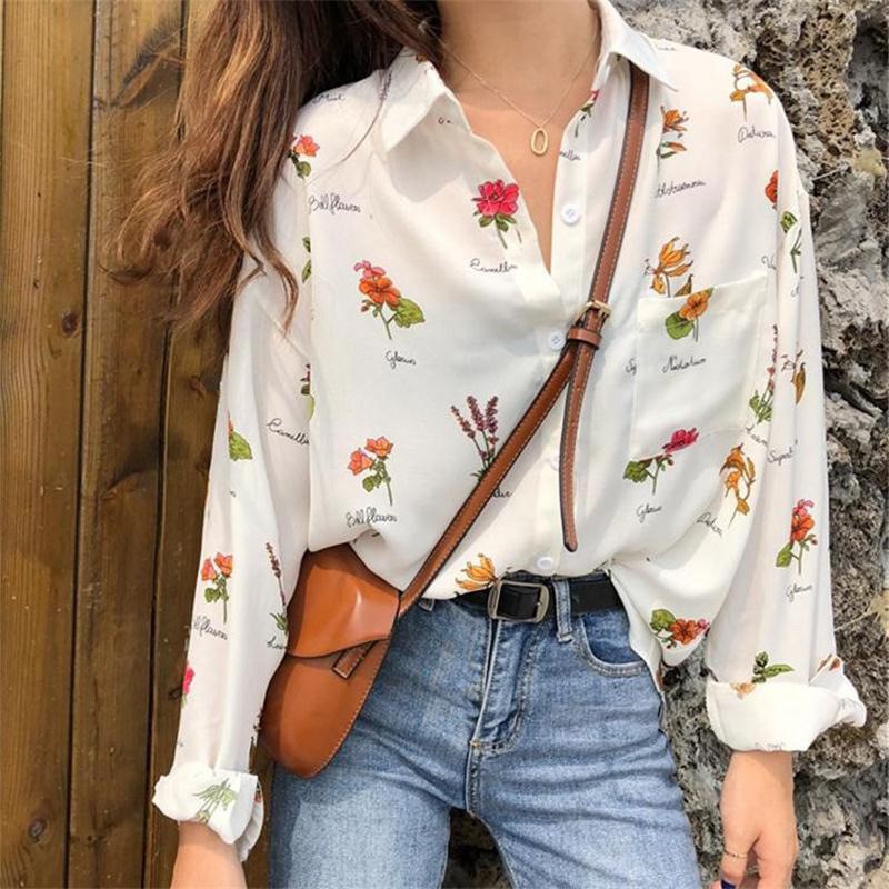 Women Korean Floral Print Shirt Long-sleeved Shirt Red Plaid Blouse | BigBuy360 - bigbuy360.vn