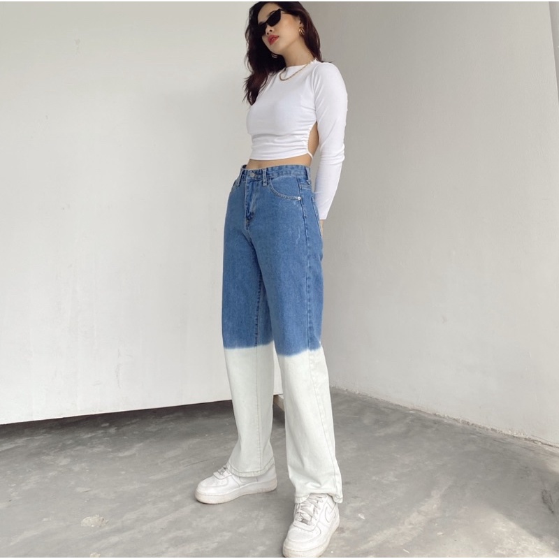 Jeans dáng suôn cạp cao xanh ombre Mia Ritta J450 ảnh thật