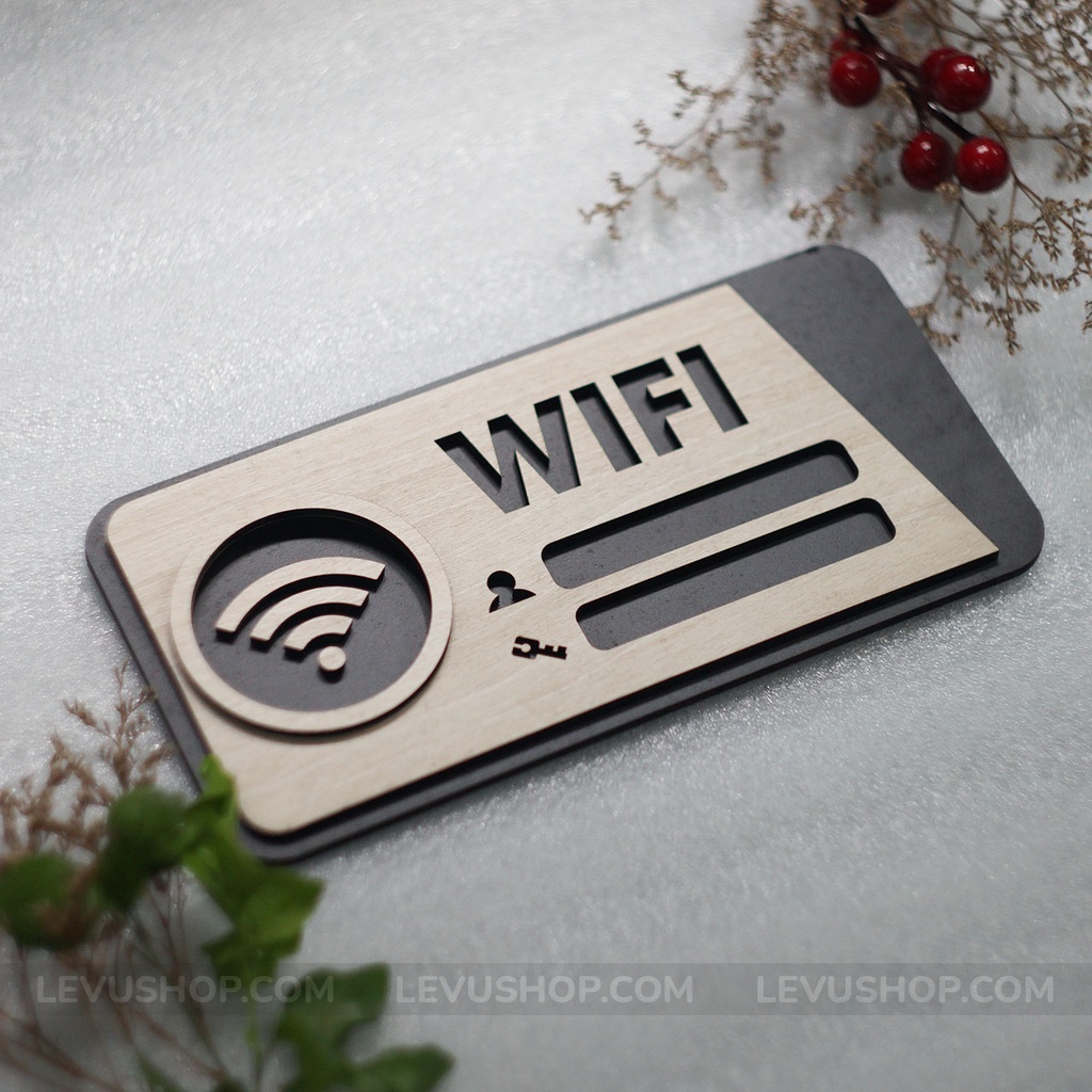 Bảng hiệu thông tin wifi bằng Gỗ khắc laser LEVU-TW03 dán tường trang trí quán
