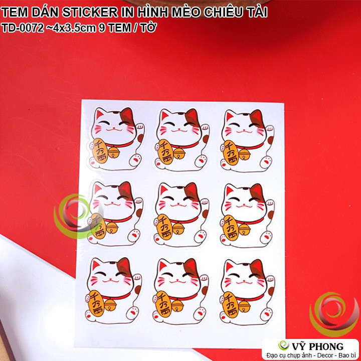 TEM DÁN HÌNH MÈO CHIÊU TÀI NHÃN DÁN STICKER TẾT TRUNG THU TRANG TRÍ NIÊM PHONG BAO BÌ HỘP ĐỰNG BÁNH KẸO TẾT TD-0072