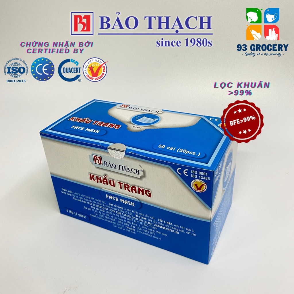 Hộp khẩu trang y tế 4 lớp Bảo Thạch kháng khuẩn màu xanh hộp 50 cái | BigBuy360 - bigbuy360.vn