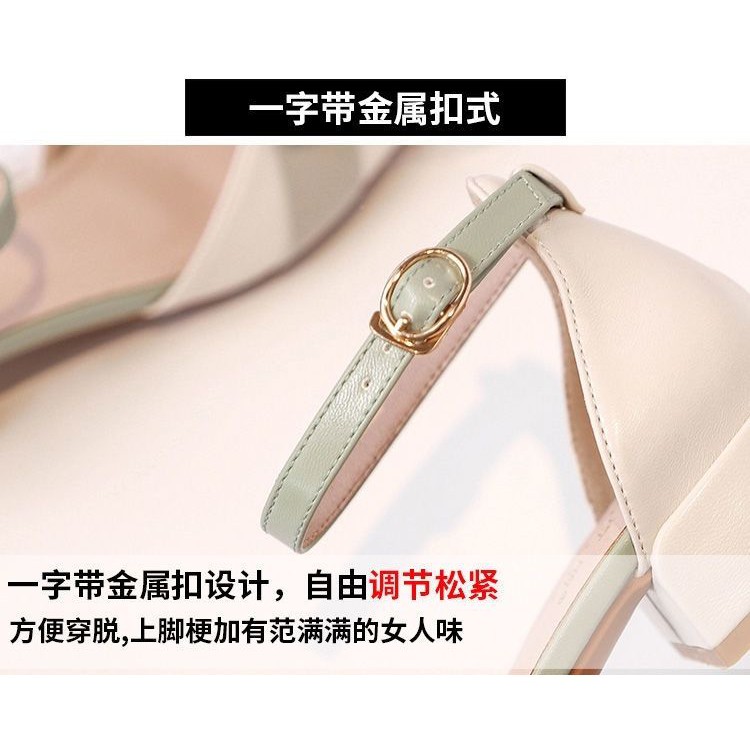 Sandal Nữ Guốc Kiểu dáng cài khuy gót thô đế vừa Xếp cánh hoa đính nơ 3 Phân