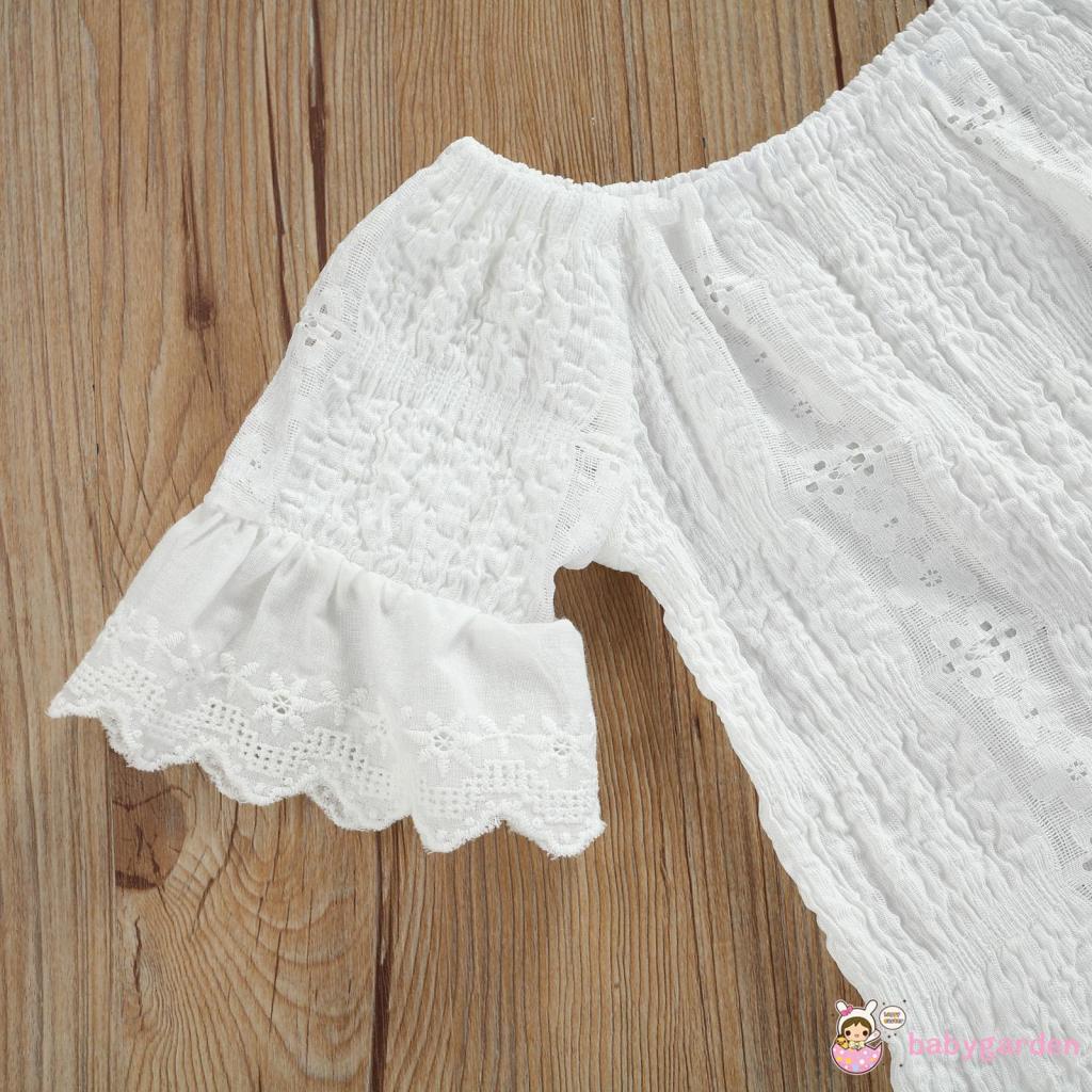 Set Đồ 2 Món Áo Tay Ngắn Màu Trơn Phối Ren + Quần Denim Thời Trang Cho Bé Gái 1-6 Tuổi