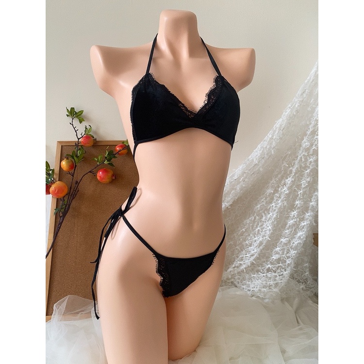 Bk036 - Bộ đồ lót lọt khe nhung phối ren quyến rũ cho nữ -kellywang