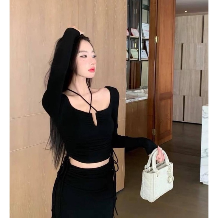Sét áo tay dài cột nơ + chân váy