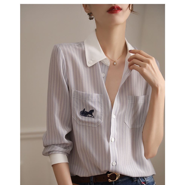 Áo Sơ Mi Lụa Kẻ Sọc Tay Dài Dáng Rộng Thời Trang Xuân Thu H4477 FF Việt Quất Dễ Phối Đồ Cho Nữ 2021