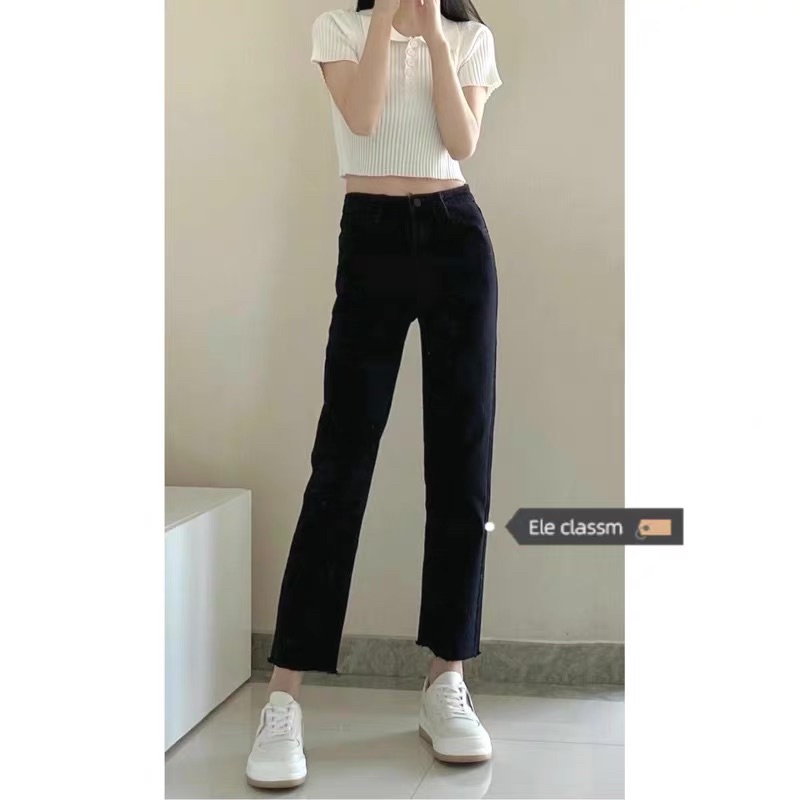 Quần jean đen trơn phom basic ống đứng cạp cao hack chân cực thon dài-MAI THỎ SHOP