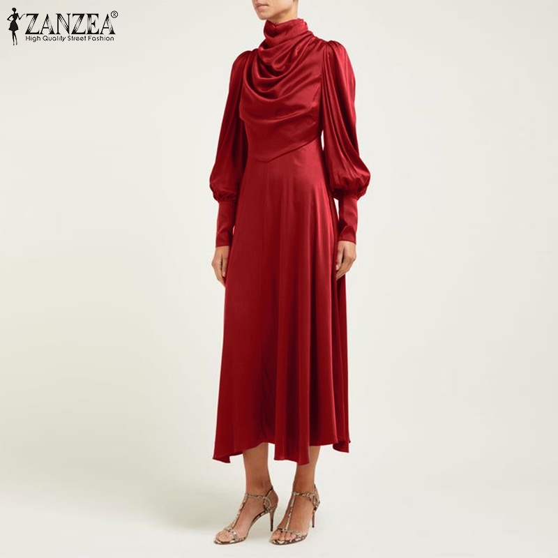 Đầm nữ ZANZEA bằng vải satin dáng dài tay dài dạng bồng có cổ áo cài nút