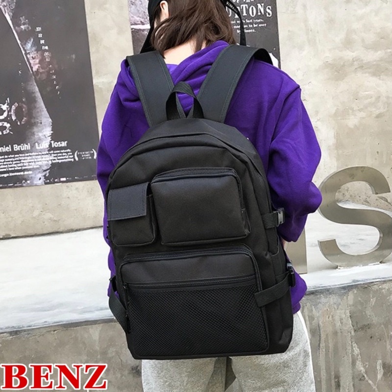 Balo thời trang backback đen phối lưới nam nữ bassic nhiều ngăn có ngăn đựng laptop chất vải canvas chống thấm nước B 97