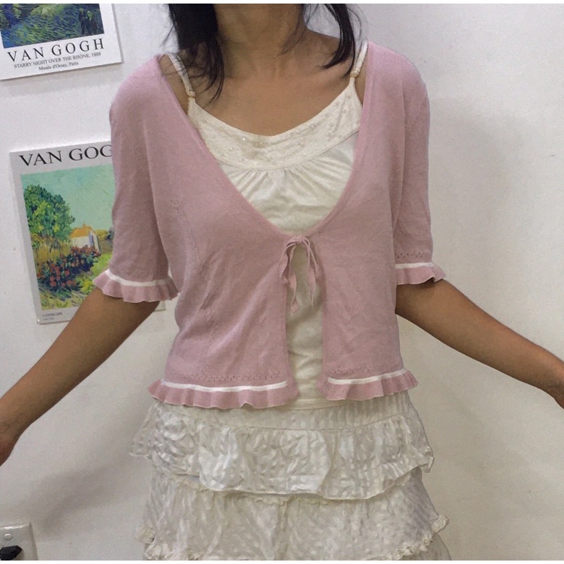 [2HAND] AMUSÉ pink tied cardigan - áo khoác đan len hồng cột dây Pháp y2k sọc trắng soft girl mcbling 2000s